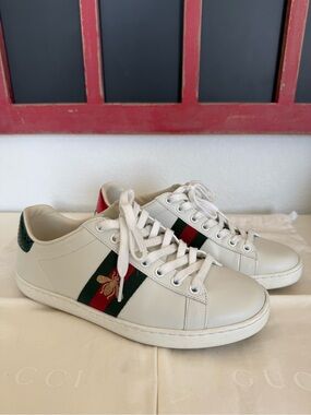 Gucci Cream Leather Sneakers with Red & Green Web Stripe and Gold Bee